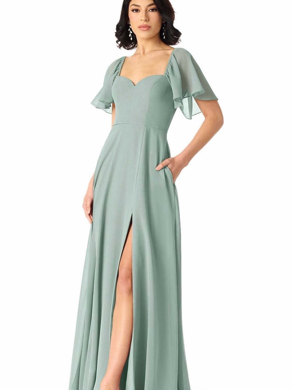 Azazie Chloe Sage Green Bridesmaid Dress with Flutter Sleeves